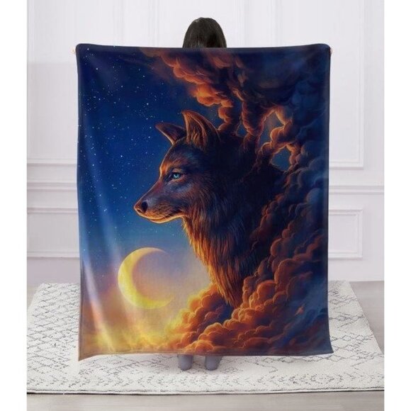 New Wolf Night Guardian Plush Throw Blanket Gift Crescent Moon Clouds Surreal - Picture 2 of 4